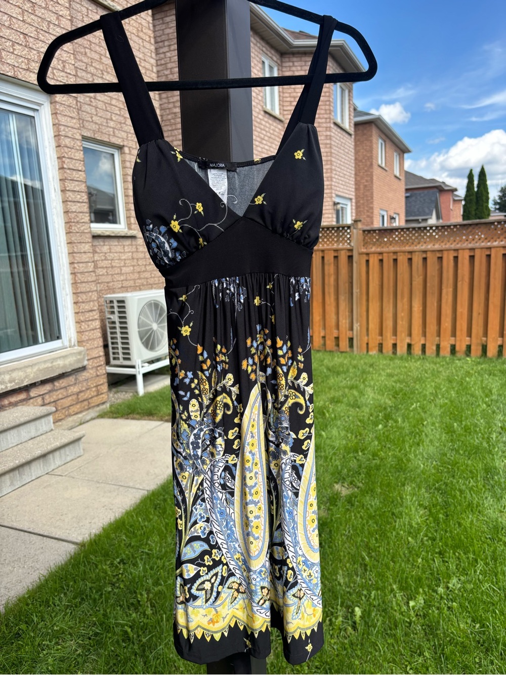 Black & Yellow Paisley Midi Dress with Wide Straps